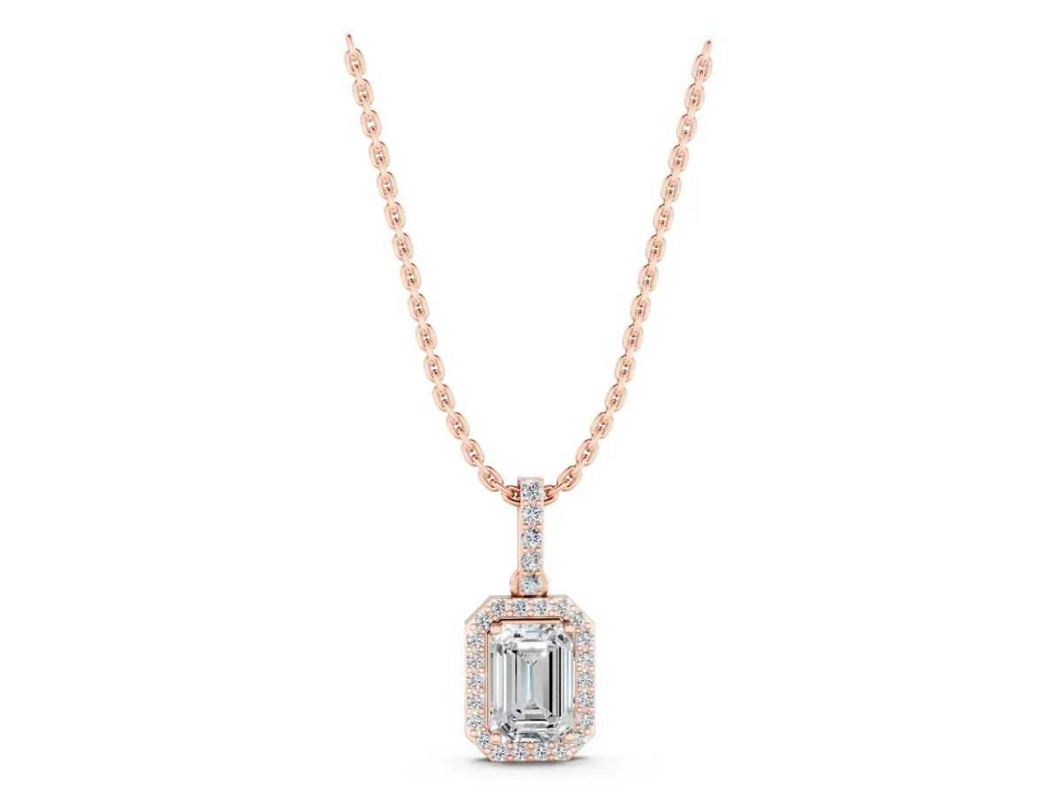 Emerald Cut Halo Diamond Pendant with Prong Setting Rose gold
