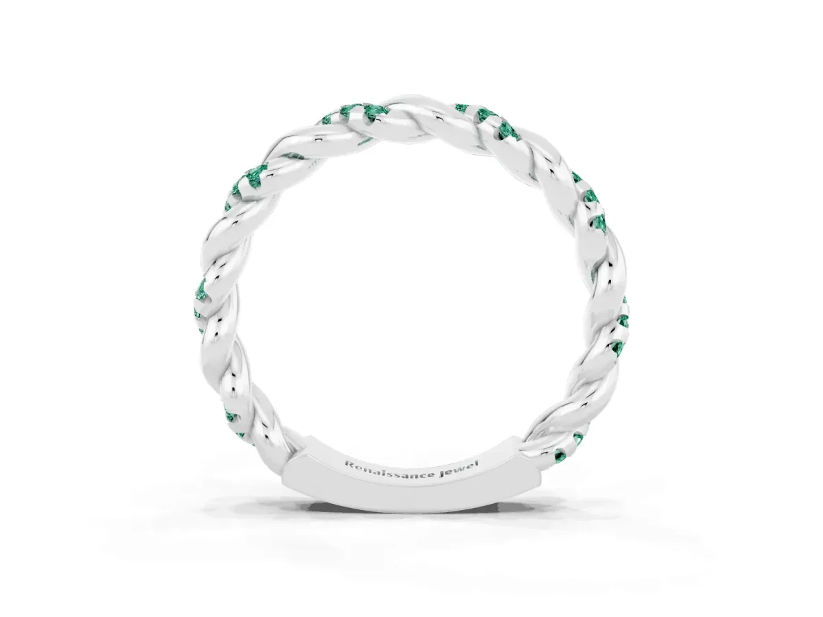 Twisted Pavé Round Green Sapphire Eternity Band Silver
