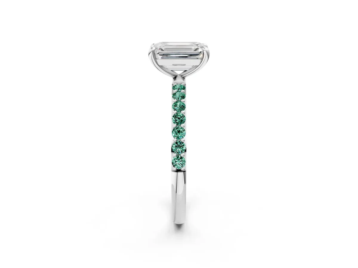 Emerald Cut Diamond Solitaire Ring with Round Green Sapphire Pavé Band and Prong Setting Silver