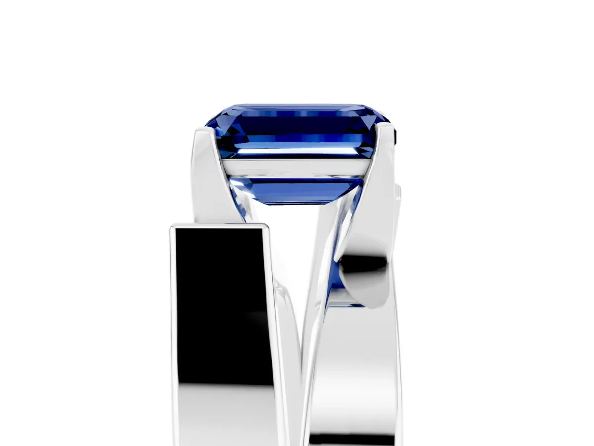 Modern Tension Set Emerald Cut Blue Sapphire Solitaire Wide Band Ring Silver