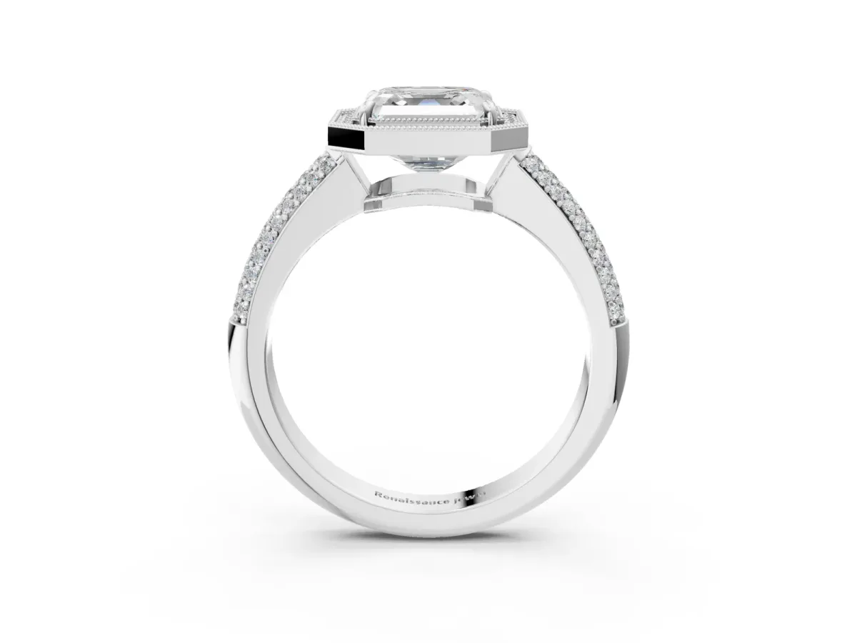 Asscher Cut Cut Halo Diamond Pave Band with Four-Prong Setting Platinum