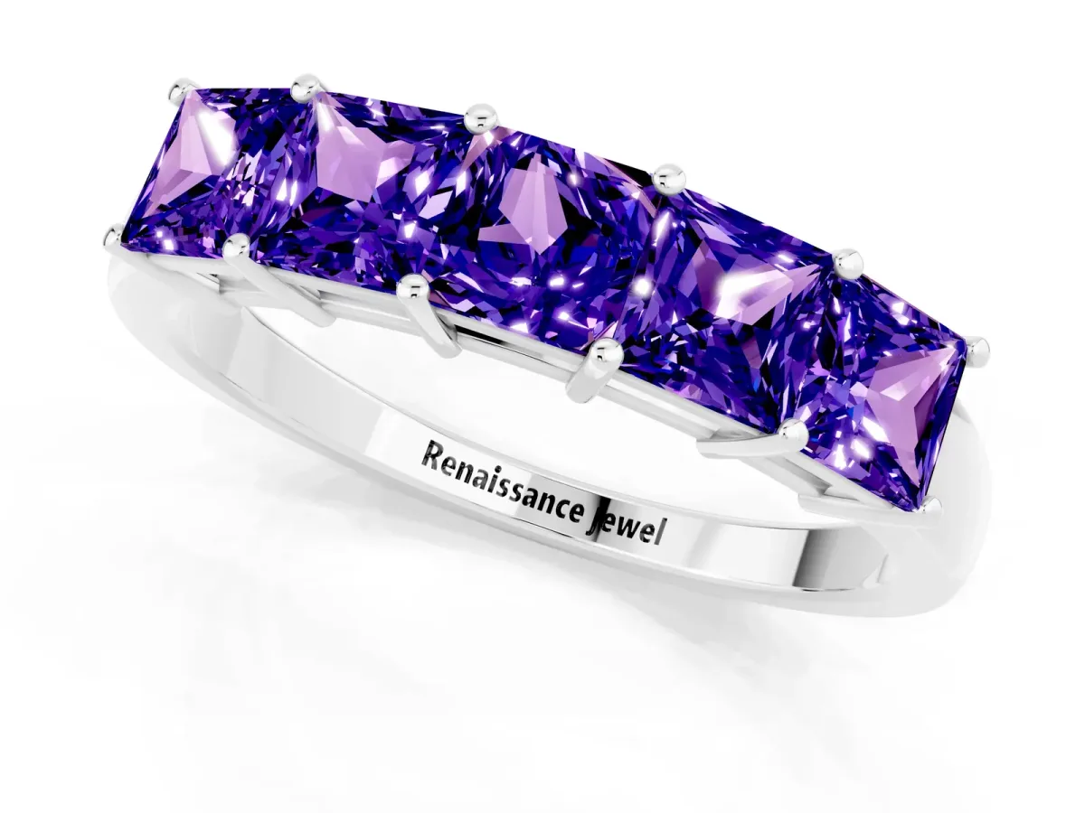 Princess Cut Five-Stone Tanzanite Band with Prong Setting White gold
