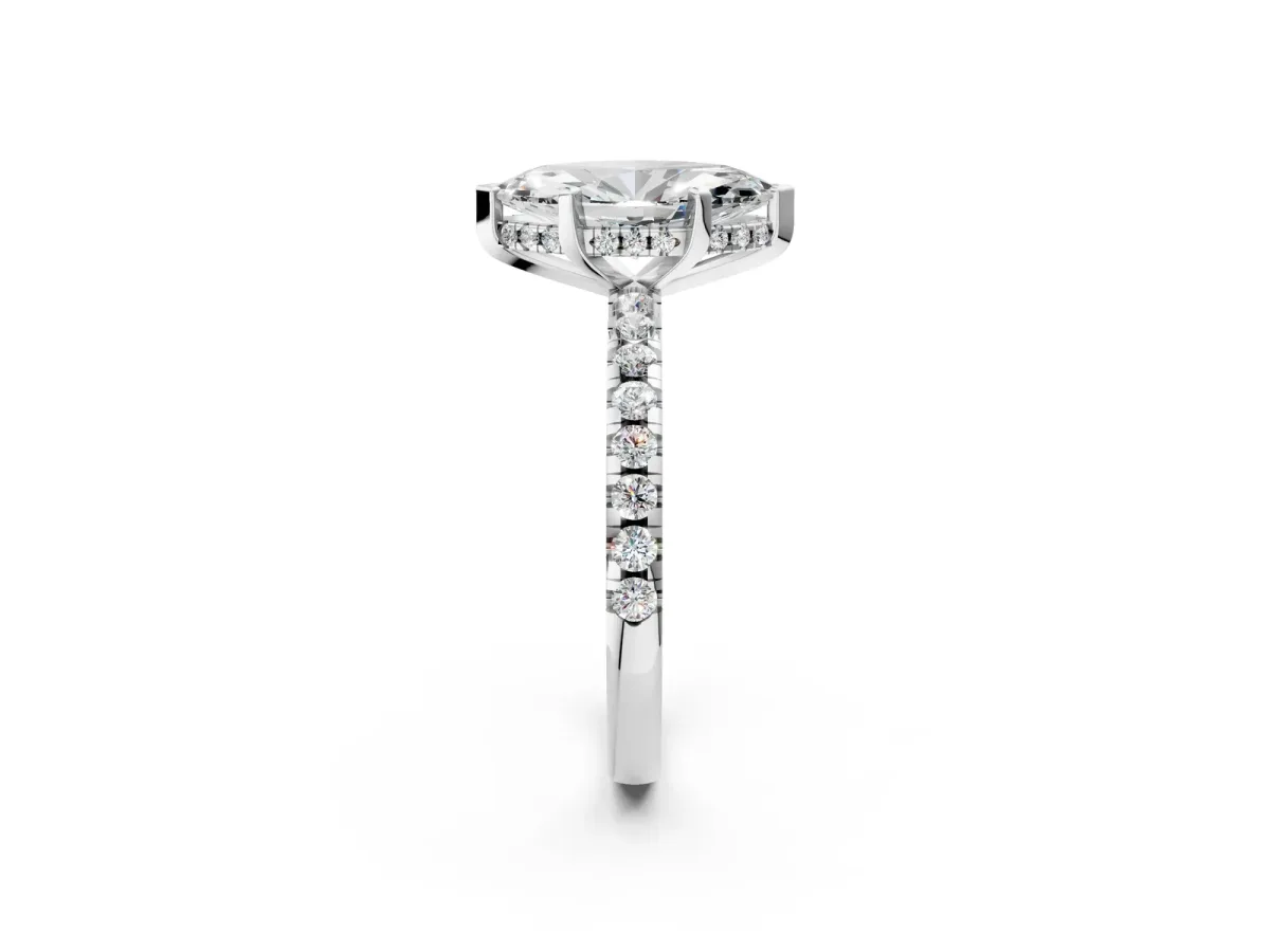 Marquise Cut Diamond Solitaire Ring with Round Pavé Band and Four-Prong Setting Silver