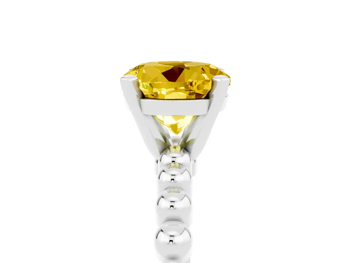 Round Cut Yellow Sapphire Solitaire Ring with Beaded Band and Prong Setting Platinum