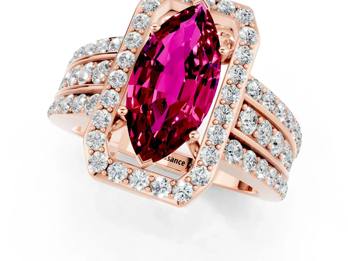 Marquise Cut Halo Garnet Ring with Round Split Shank and Prong Setting Rose gold