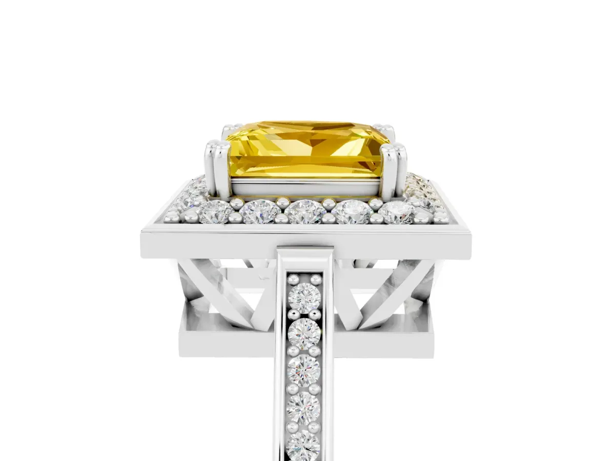 Princess Cut Yellow Sapphire Halo Ring with Split Shank and Four-Prong Setting Platinum