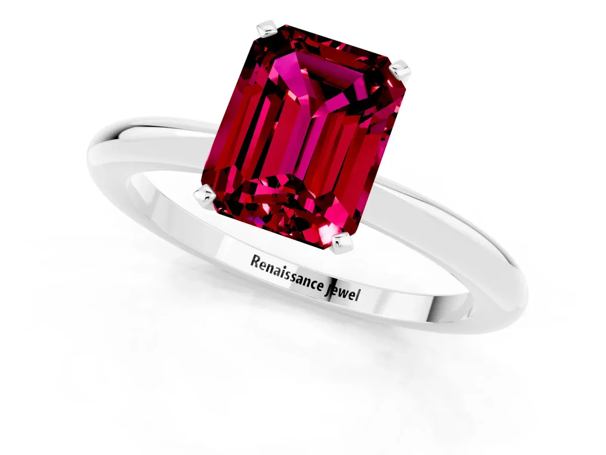 Emerald Cut Garnet Solitaire Ring with Six-Prong Setting and Classic Band White gold