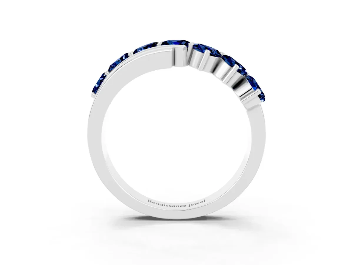 Round Blue Sapphire Wave Band with Channel and Shared Prong Setting Silver