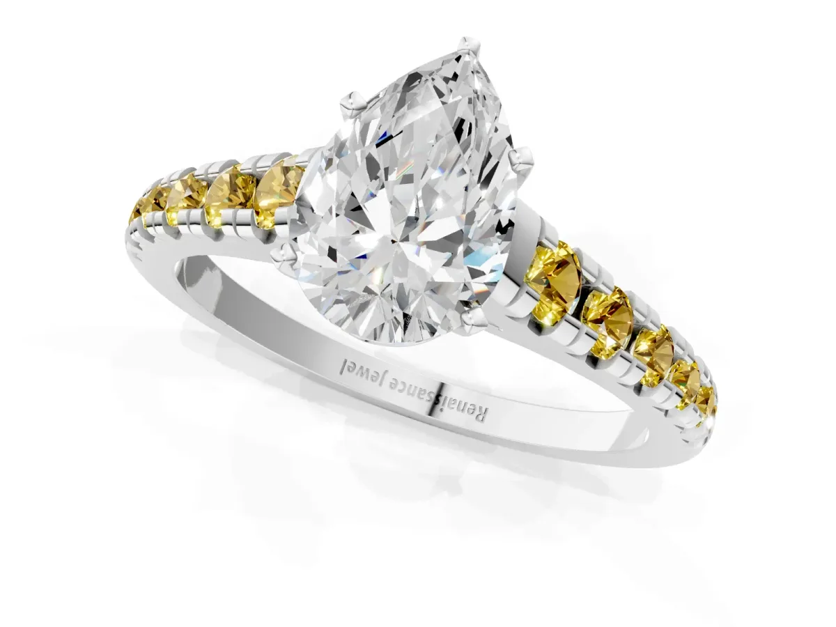 Pear Cut Diamond Cathedral Solitaire Ring with Round Yellow Sapphire Pavé Band Silver