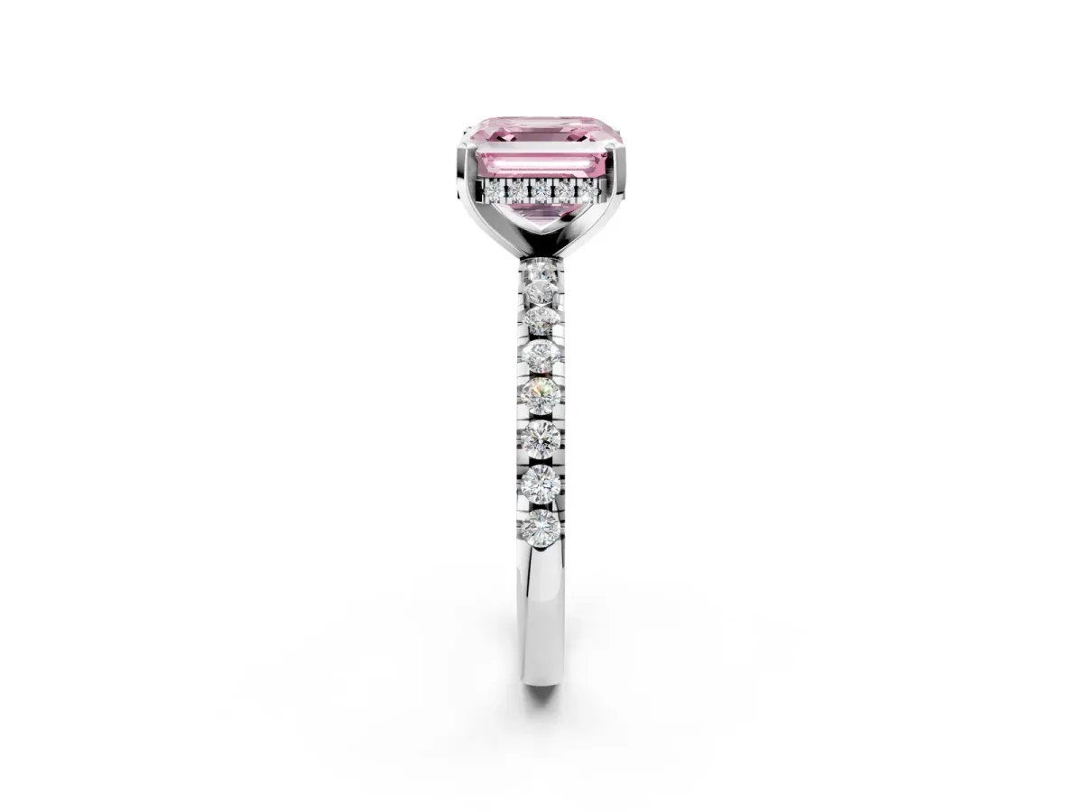 Fancy Pink Asscher Cut Diamond Solitaire Ring with Round Pavé Band and Four-Prong Setting Silver
