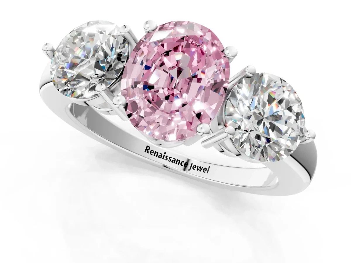 Fancy Pink Oval Cut Diamond Three-Stone Ring with Prong Setting and Classic Band White gold