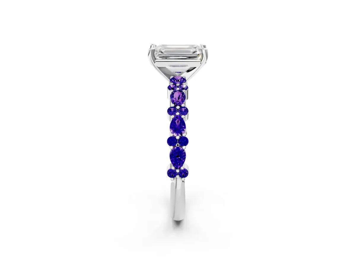 Emerald Cut Diamond Side Stone Solitaire Ring with Round Tanzanite and Four-Prong Setting White gold