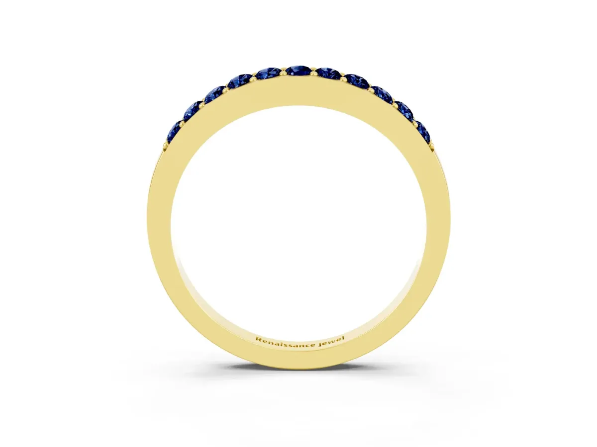 Round Blue Sapphire Curved Wedding Band with Channel Setting Yellow gold