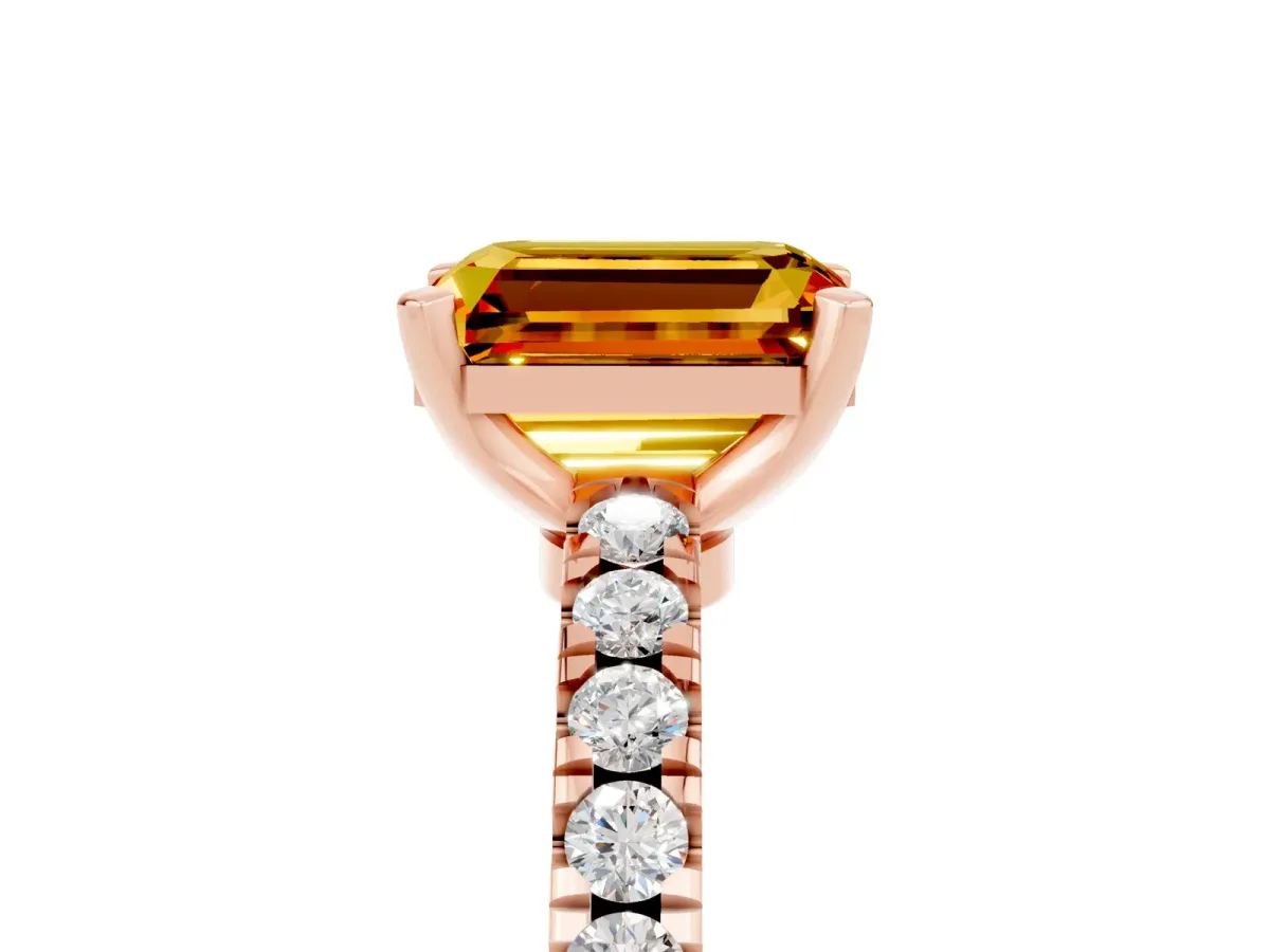 Emerald Cut Solitaire Citrine with Pavé Band and Four-Prong Setting Rose gold