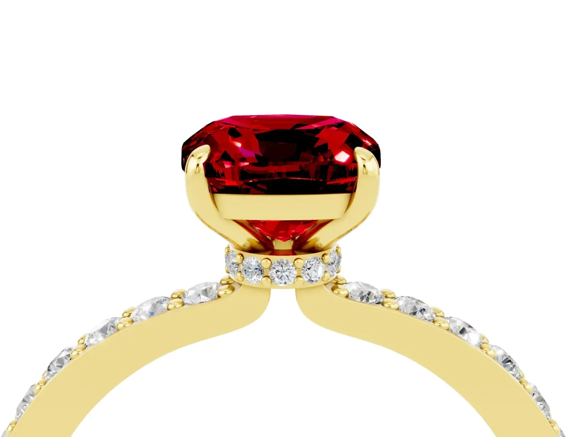 Cushion Cut Ruby Solitaire Engagement Ring with Pavé Band and Four-Prong Setting Yellow gold