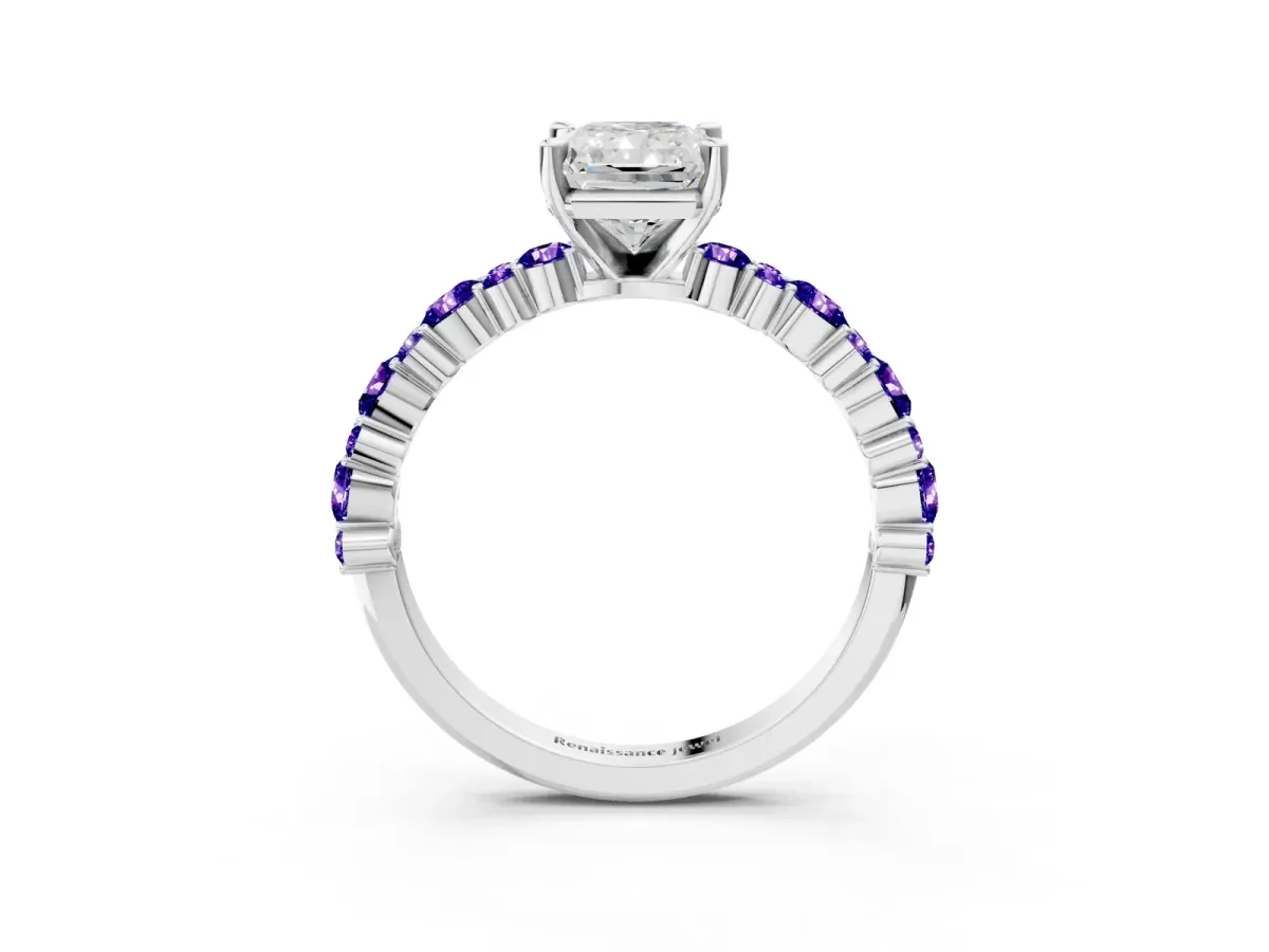 Radiant Cut Diamond Side Stone Solitaire Ring with Round Tanzanite and Four-Prong Setting Silver