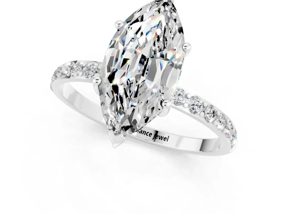 Marquise Cut Moissanite Solitaire Ring with Round Pavé Band and Prong Setting Silver