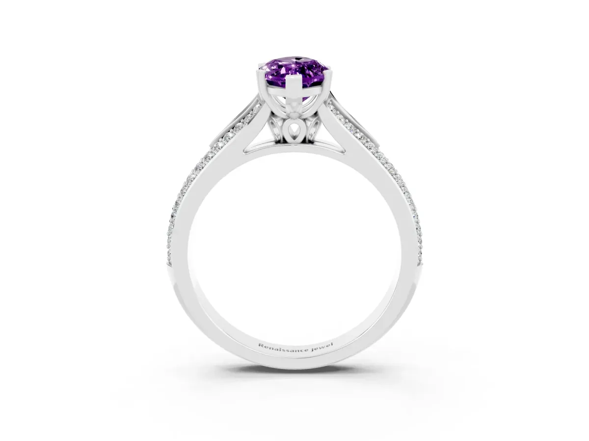 Marquise Cut Amethyst Split Shank Engagement Ring with Pavé Band White gold