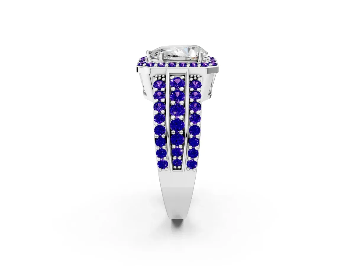 Pear Cut Halo Diamond Ring with Round Tanzanite Split Shank and Prong Setting Silver