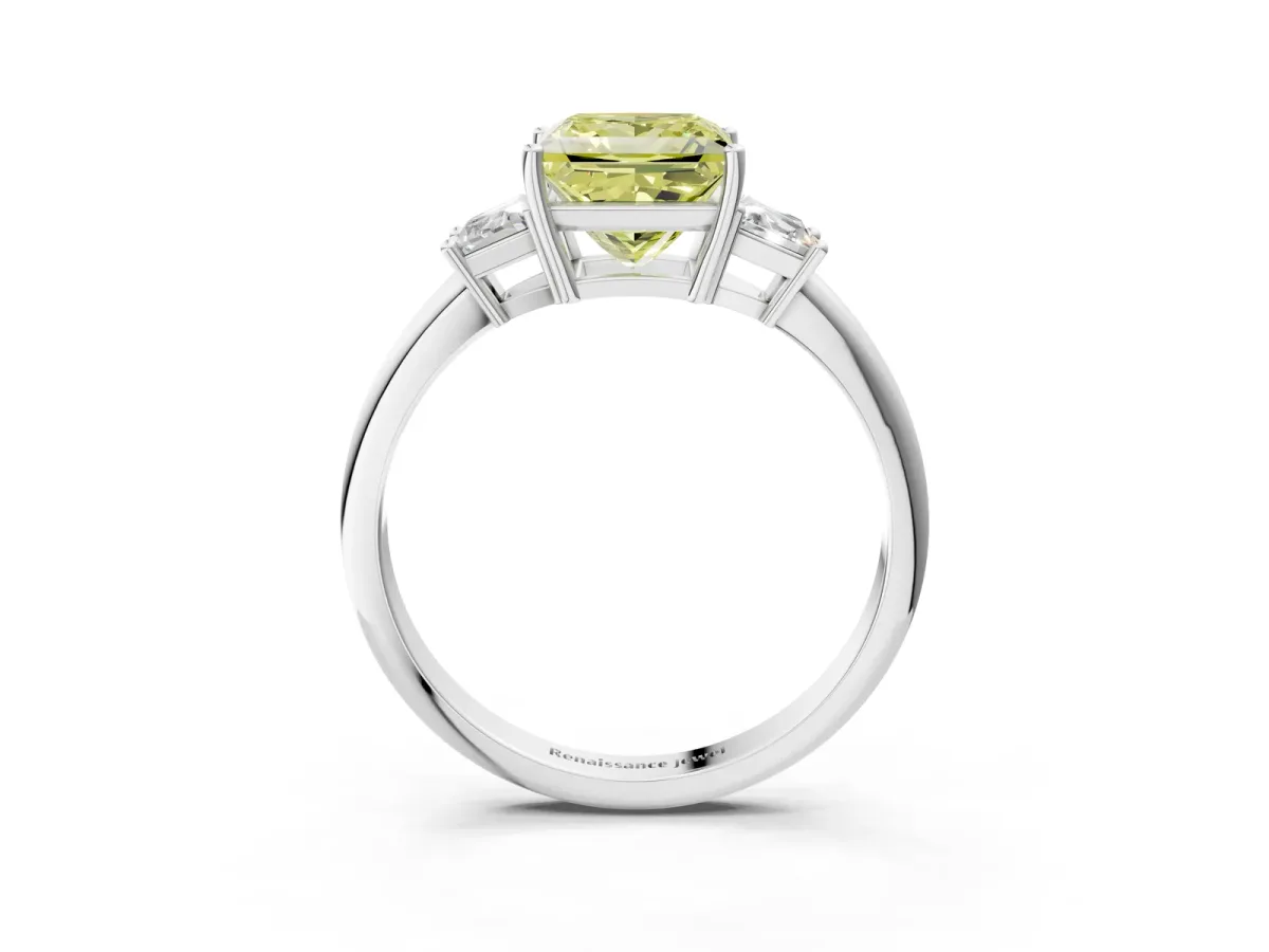 Fancy Yellow Princess Cut Diamond Three-Stone Ring with Trapezoid Side Stones and Prong Setting Silver