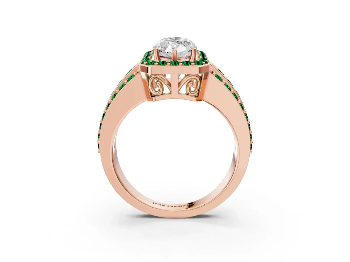 Marquise Cut Halo Diamond Ring with Round Emerald Split Shank and Prong Setting Rose gold