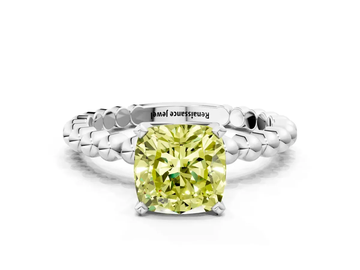 Fancy Yellow Cushion Cut Diamond Solitaire Ring with Beaded Band and Prong Setting Platinum