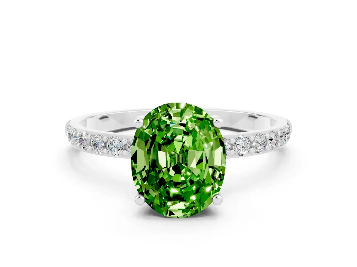 Oval Cut Peridot Solitaire Ring with Round Pavé Band and Prong Setting Platinum