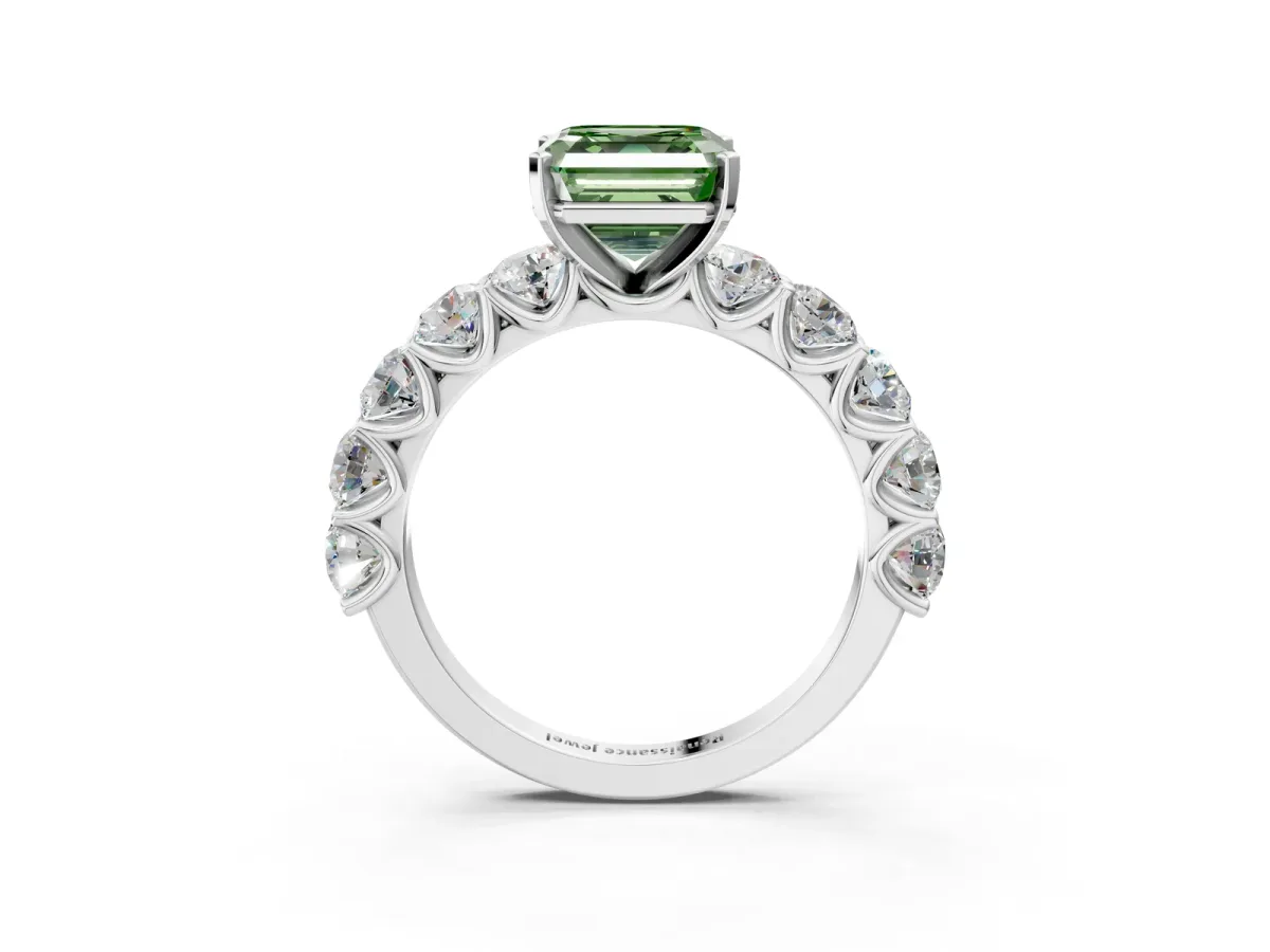 Fancy Green Asscher Cut Diamond Prong Setting with Side Stones on a Pave Band Platinum