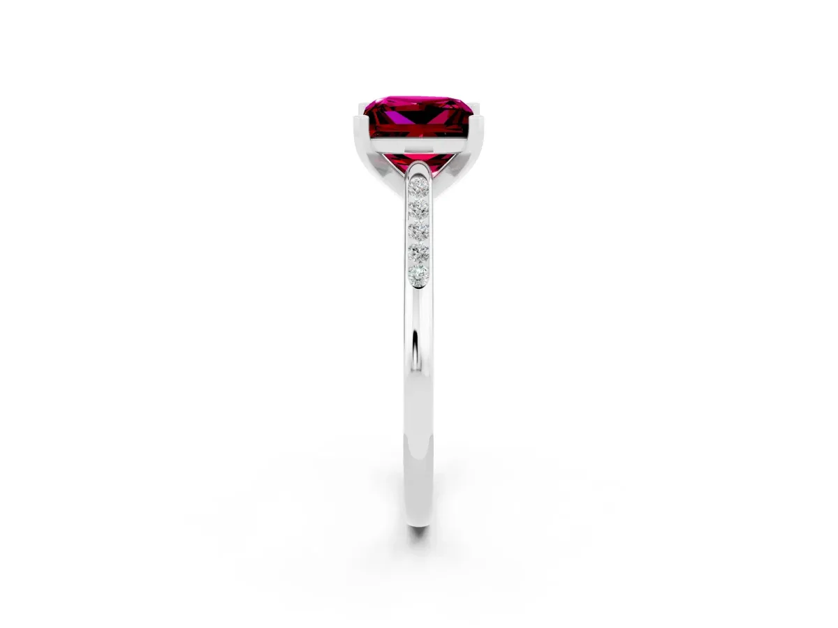 Princess Cut Garnet Solitaire Ring with Channel Set Round Band and Prong Setting Silver