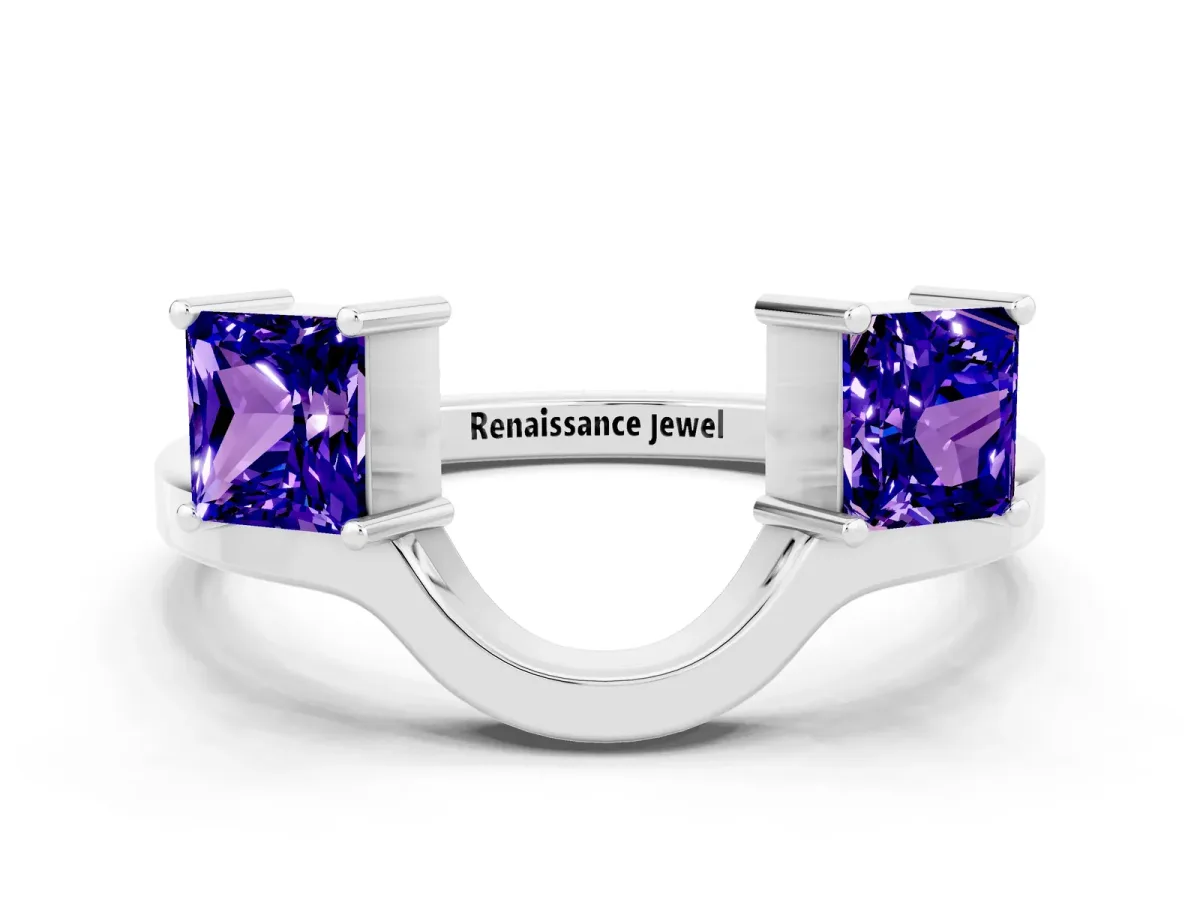 Princess Cut Tanzanite Two-Stone Open Band Ring with Four-Prong Setting Silver