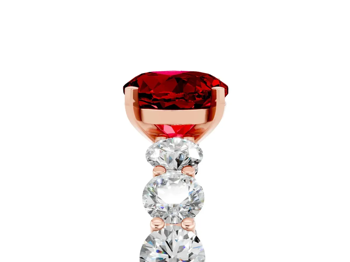 Round Cut Ruby Prong Setting with Side Stones on a Pave Band Rose gold