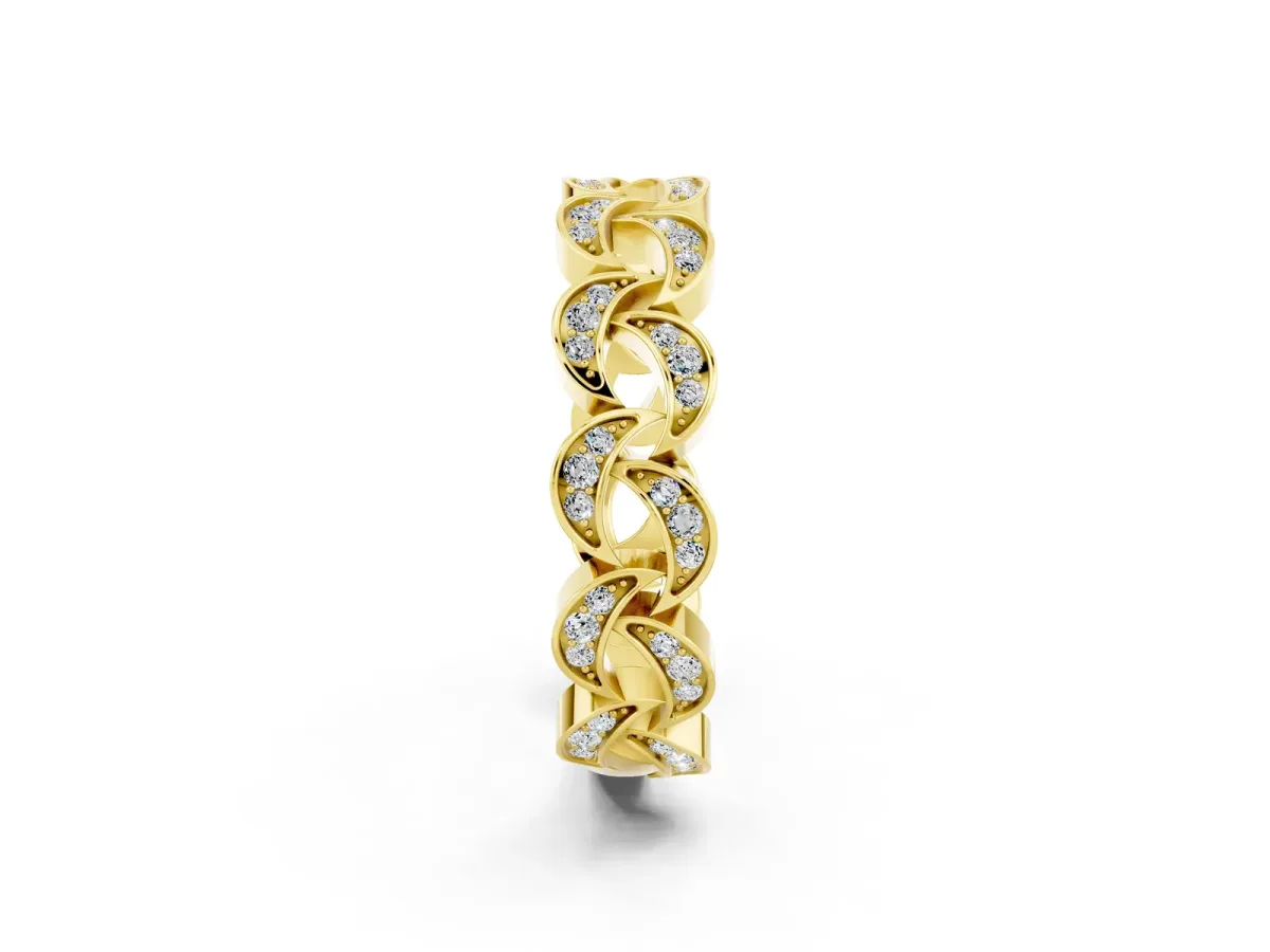 Pavé Round Moissanite Interlocking Eternity Band with Bezel Prong Setting Yellow gold