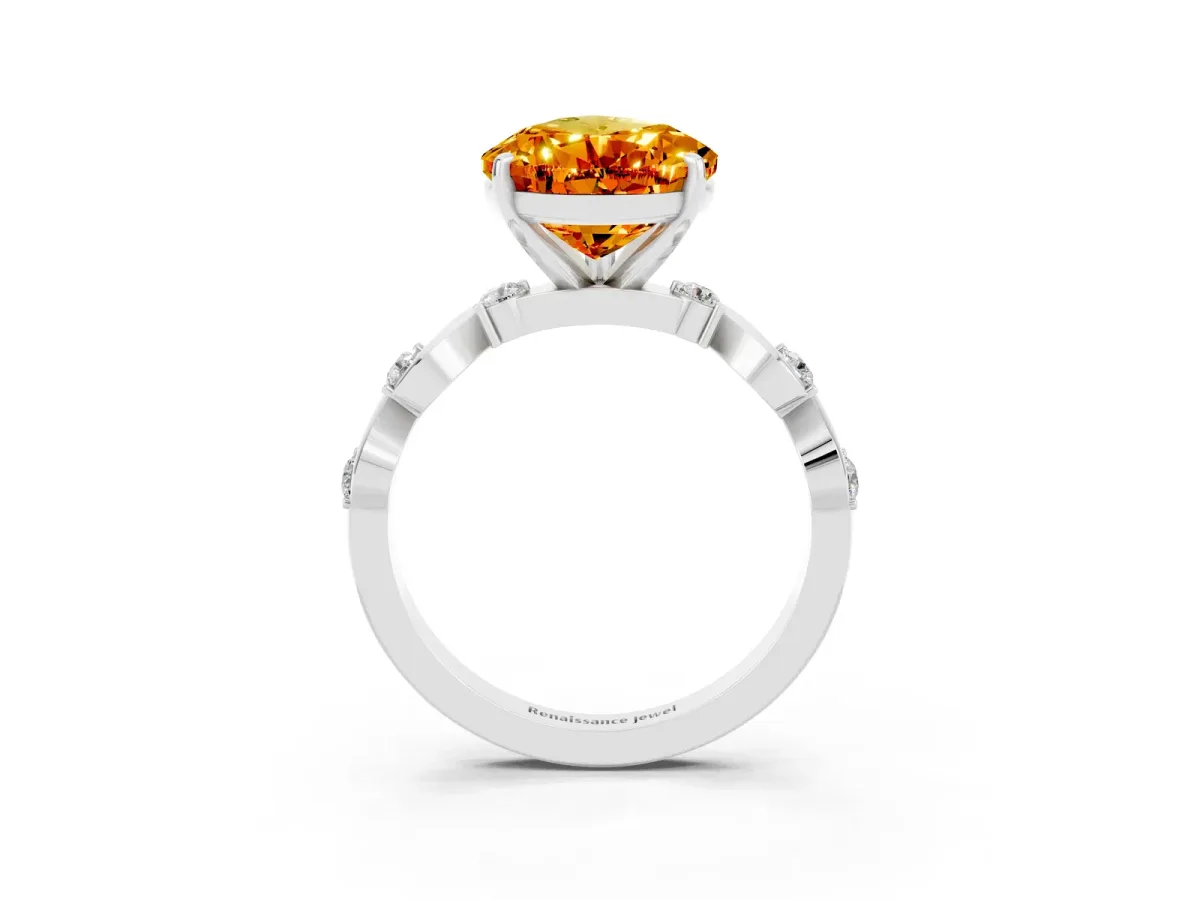 Pear Cut Citrine Solitaire Twisted Band with Round Accents and Prong Setting Silver
