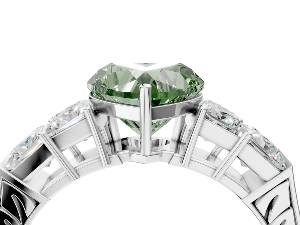 Fancy Green Heart Cut Solitaire Princess Side Stone Engraved Band Prong Setting Ring Platinum