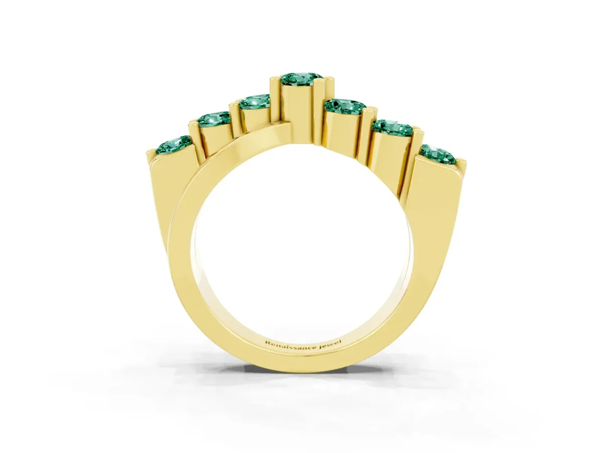 Round Green Sapphire Prong-Set Crossover Band Yellow gold