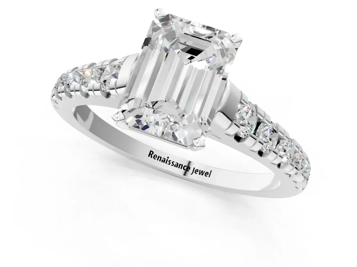 Emerald Cut Diamond Cathedral Solitaire Ring with Round Pavé Band White gold