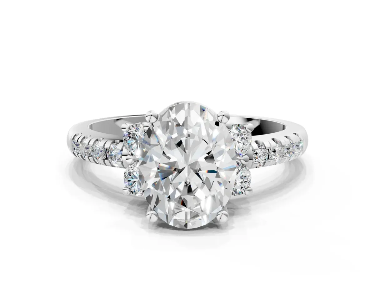 Oval Cut Diamond Three-Stone Pave Band with Four-Prong Setting Silver