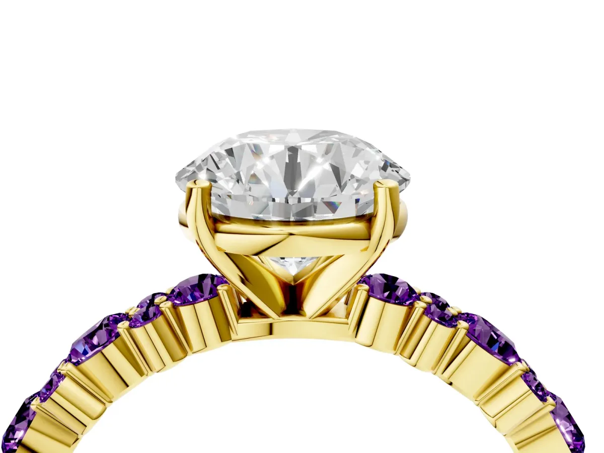 Round Cut Diamond Side Stone Solitaire Ring with Round Amethyst and Four-Prong Setting Yellow gold