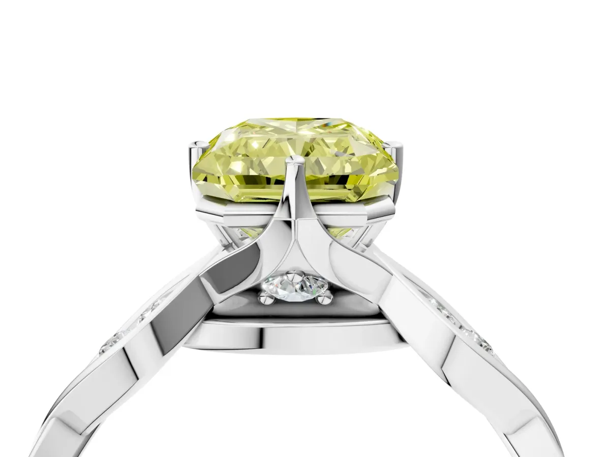 Fancy Yellow Radiant Cut Solitaire Twist Band with Leaf Prong Setting Platinum