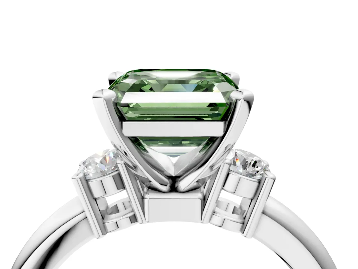 Fancy Green Three-Stone Asscher Cut Cut Diamond Solitaire with Prong Setting and Classic Band Platinum