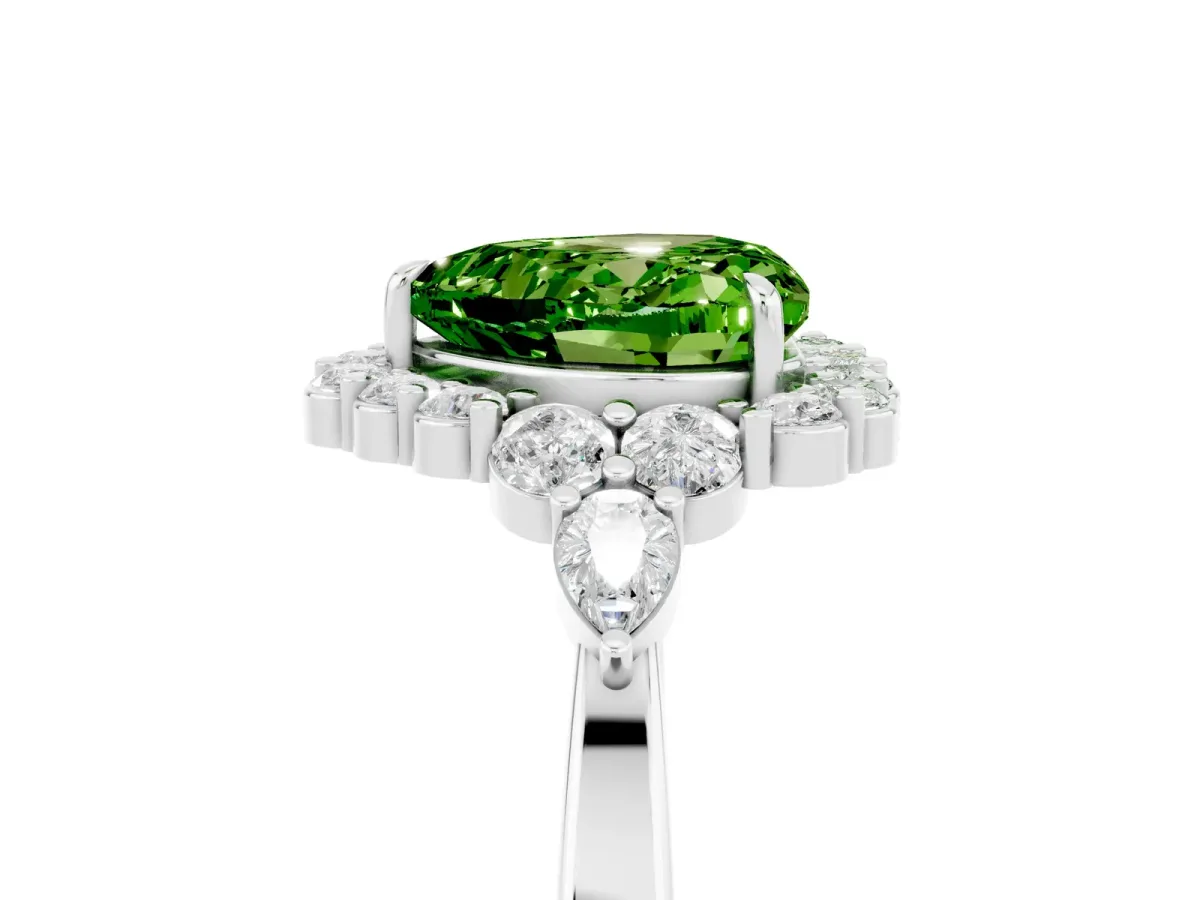 Heart Cut Peridot Halo Ring with Pear Side Stones and Prong Setting Silver