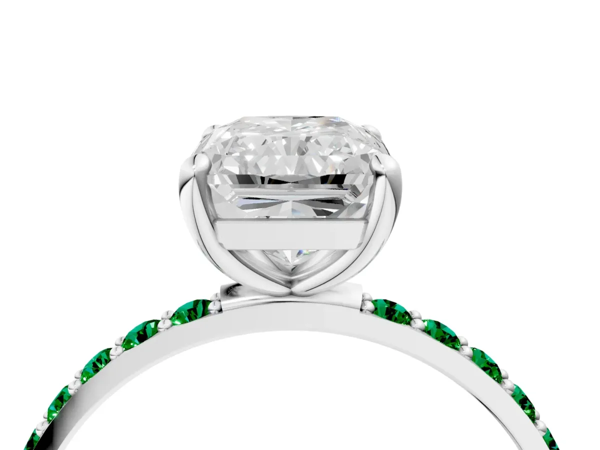 Radiant Cut Diamond Solitaire Ring with Round Emerald Pavé Band and Prong Setting Silver