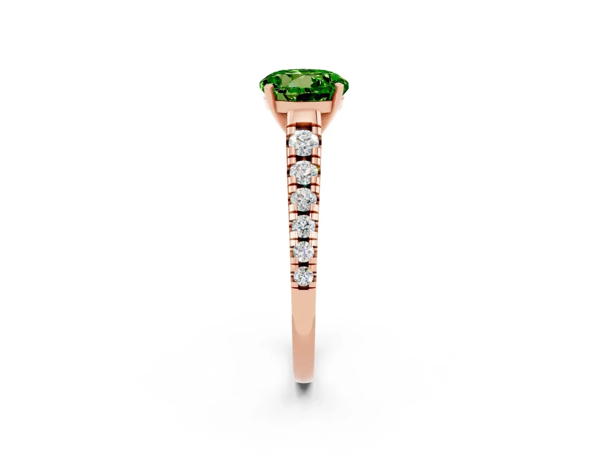 Round Cut Peridot Cathedral Solitaire Ring with Round Pavé Band Rose gold