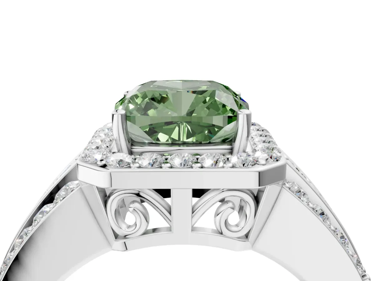 Fancy Green Cushion Cut Halo Diamond Ring with Round Split Shank and Prong Setting Silver