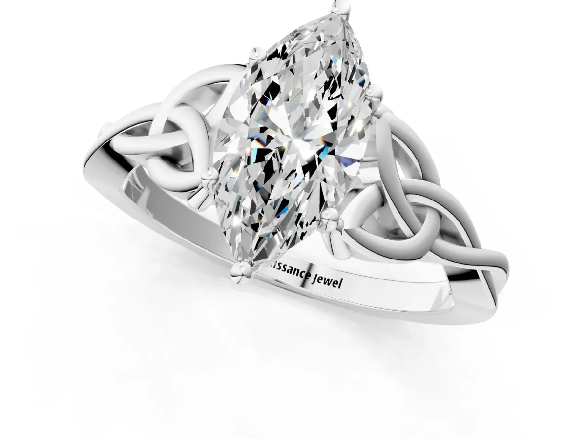 Marquise Cut Diamond Solitaire Celtic Knot Ring with Four-Prong Setting White gold