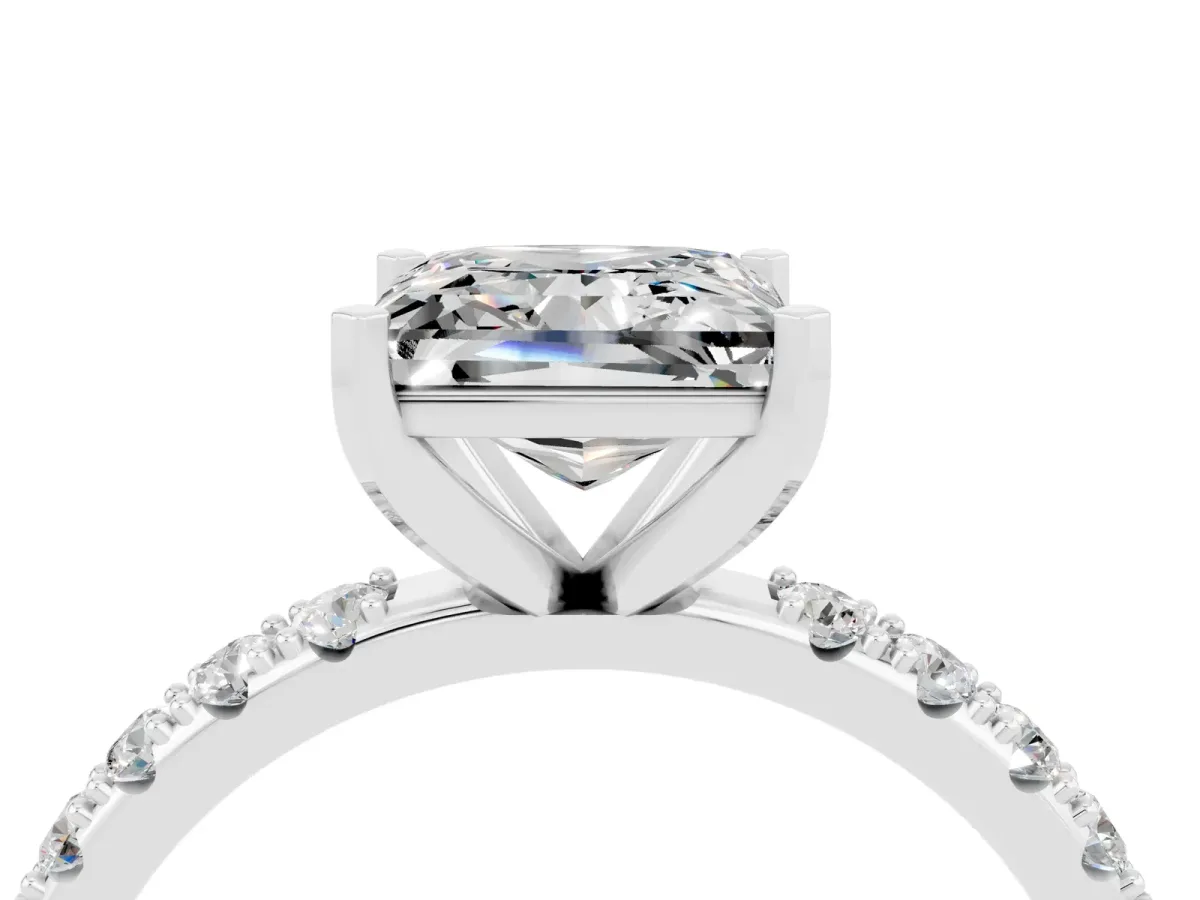 Princess Cut Moissanite Solitaire Pavé Band with Four-Prong Setting Silver