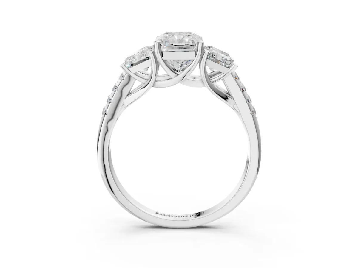 Three-Stone Radiant Cut Diamond Ring with Round Moissanite Pavé Band and Prong Setting Silver