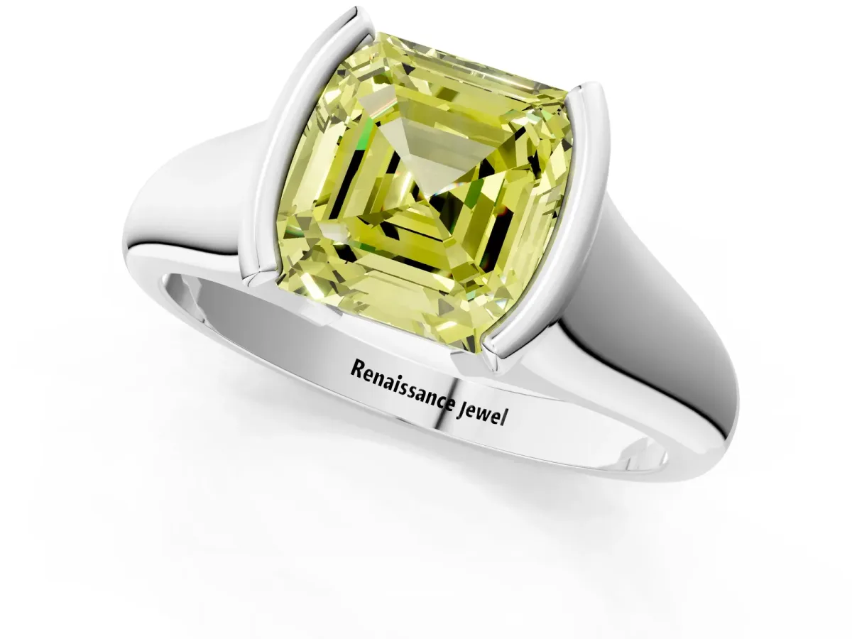 Fancy Yellow Asscher Cut Solitaire Tension Set Diamond Ring with Split Shank Band Platinum