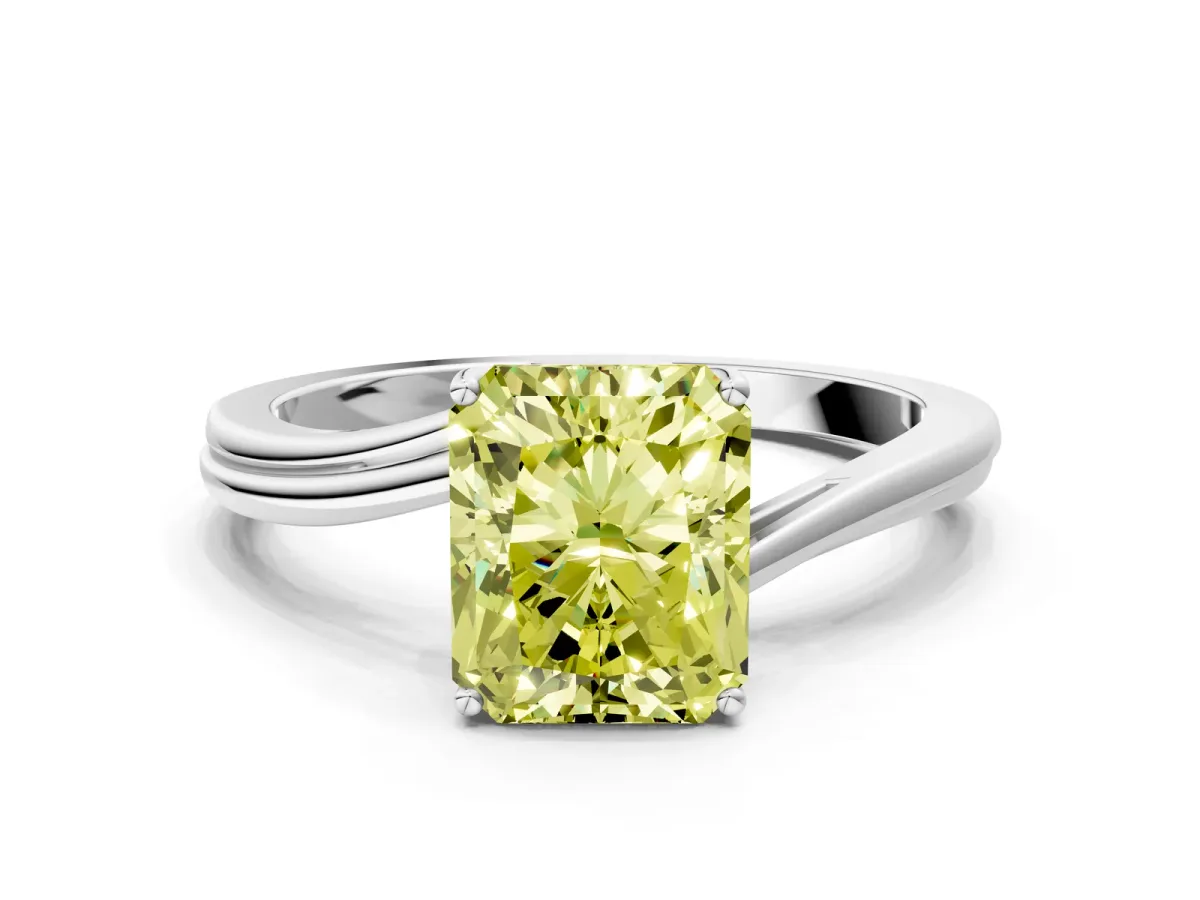 Fancy Yellow Radiant Cut Cut Solitaire Twist Band Ring with Four-Prong Setting Platinum