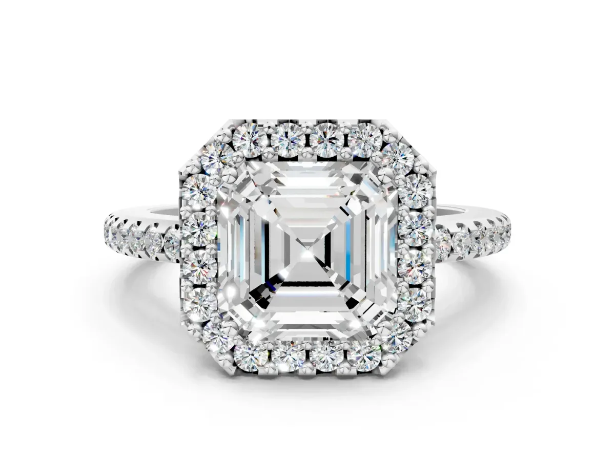 Asscher Cut Diamond Pavé Halo Ring with Four-Prong Setting Platinum